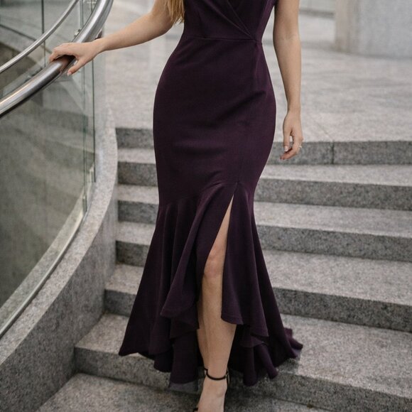 New V-Neck Cascade Backless Ruffle High-Low Gown - Picture 2 of 13